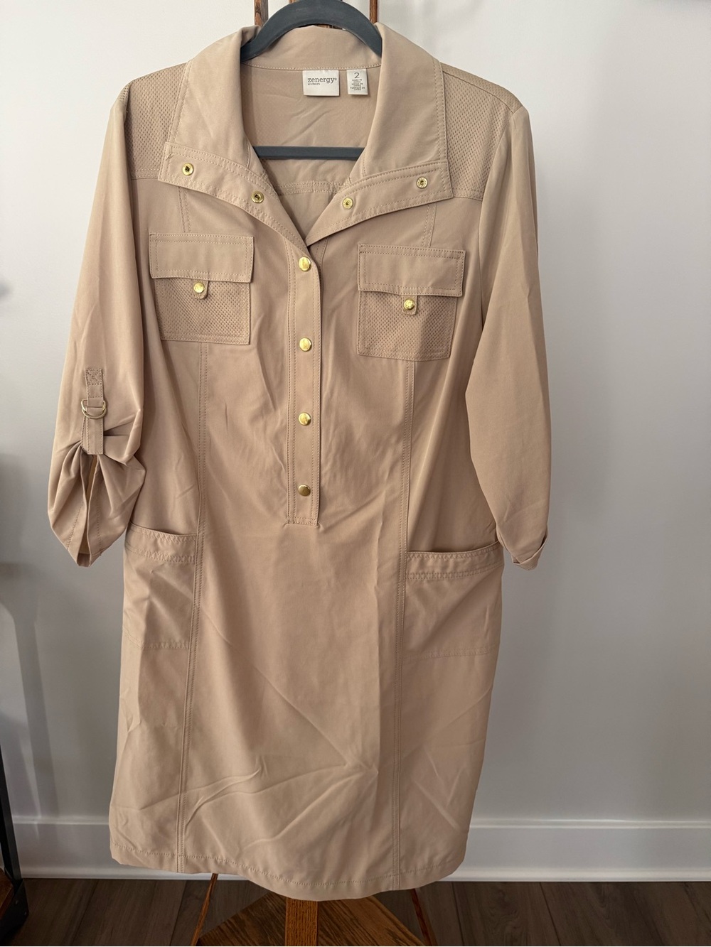 Chico's Beige Utility Shirt Dress with Gold Buttons
